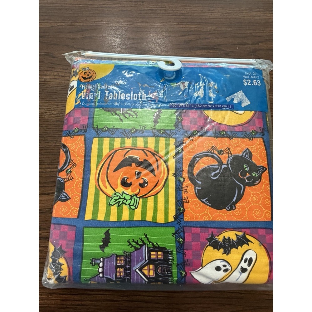 Halloween Vinyl Tablecloth Flannel Backed 60x84 Patchwork Pumpkin Cat Ghost